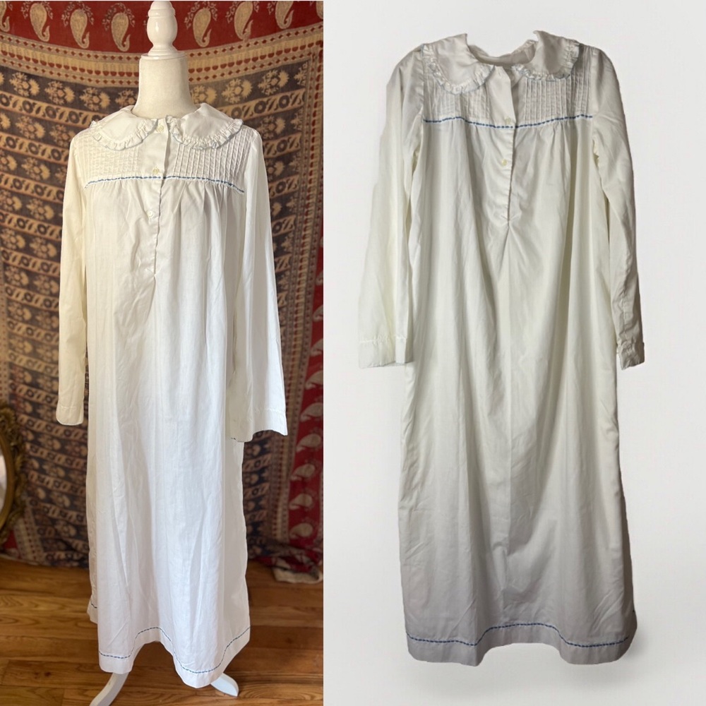 White Long Sleeve Prairie 60s Nightgown with Blue Trim